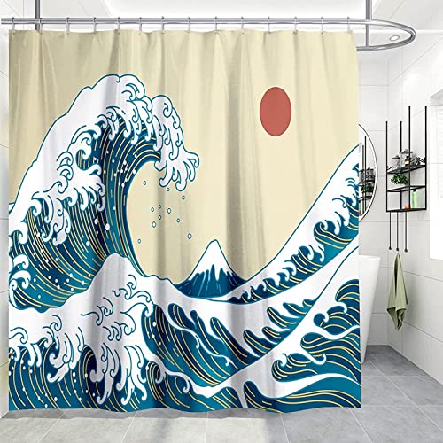Japanische Wellen-Badezimmervorhänge, Muster im Meereswellen-Stil, 3D-Druck, große Welle vor Kanagawa, Duschvorhang, W150 x H200 (cm), mit Haken-20