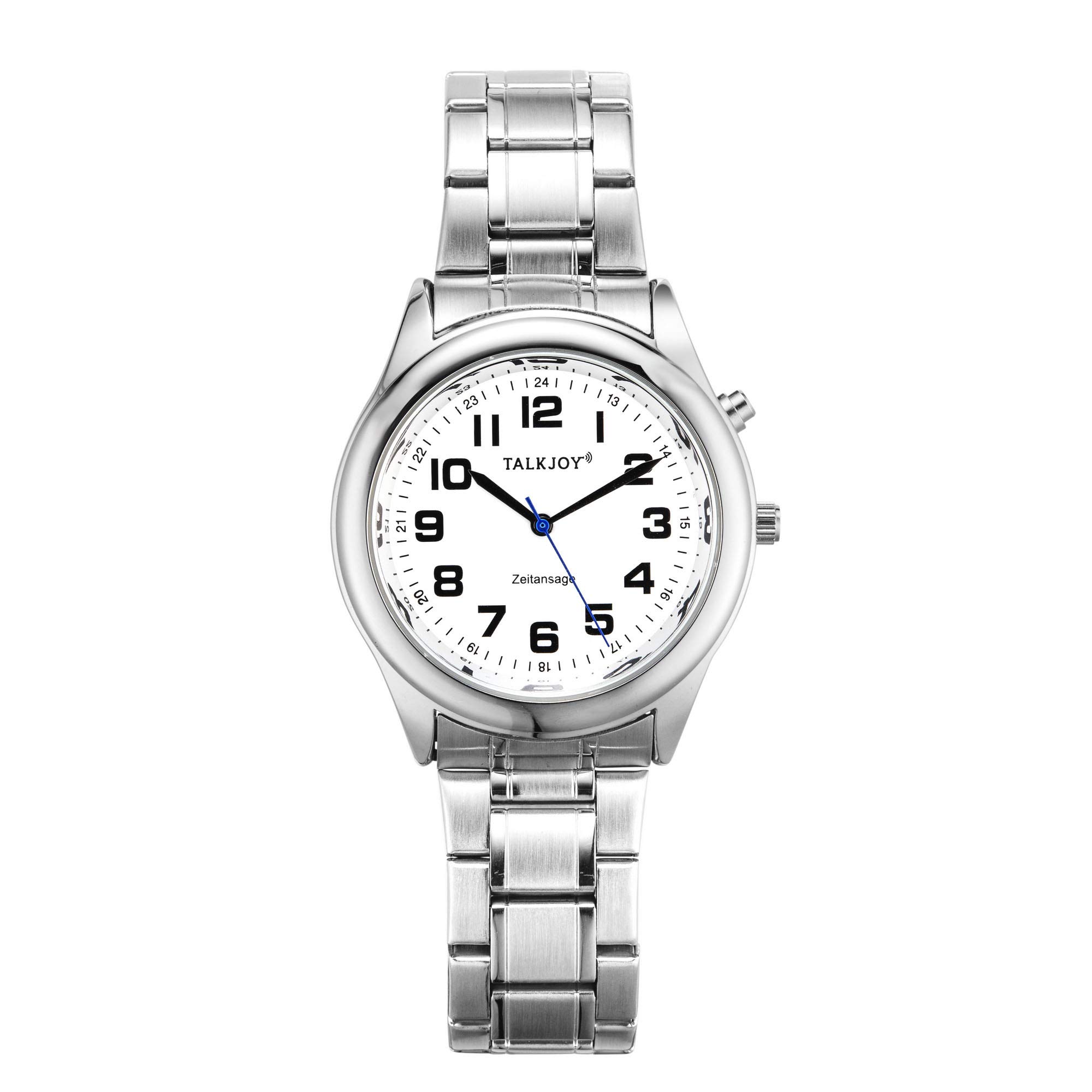 PROFI Sprechende Armbanduhr Z-Armband SILBER Uhr Senioren Blindenuhr Zeitansage Kalender (34mm Damenuhr)