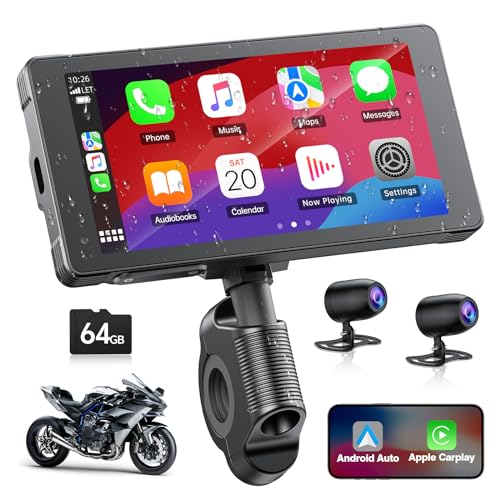 Autoradio für Apple Carplay Android Auto für Motorrad, Tragbares Carplay mit Dashcam Vorne & Hinten 2K+1080P, 5,5 Zoll IP67 Wasserdichter Touchscreen für Motorräder, Daueraufnahme/Siri/Google/64G TF