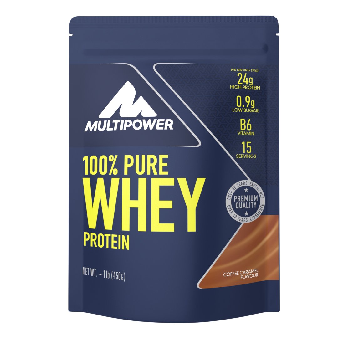 Multipower 100% Pure Whey Protein – wasserlösliches Proteinpulver mit Coffee Caramel Geschmack – Eiweißpulver mit Whey Isolate als Hauptquelle – Vitamin B6 und hohem BCAA-Anteil – 450 g