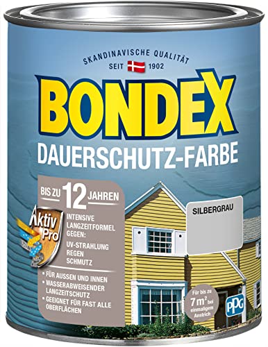 Bondex Dauerschutz Farbe Silbergrau 0,75 L für 7 m² | Hervorragende Farbstabilität | Wetter- und UV-Schutz - bis zu 12 Jahre | Seidenglänzend | Dauerschutzfarbe | Holzfarbe