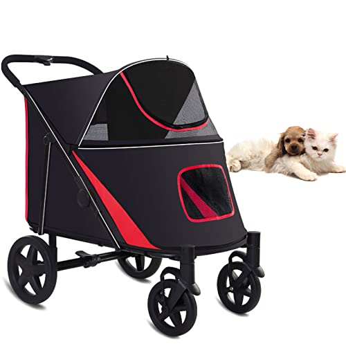 Hundekinderwagen 4 Räder Hundewagen Für Mittelgroße Hunde, Zusammenklappbarer Hundeträger, Verstellbarer Griff, Haustierwagen Für Faltbaren Wagen Für Reisen Im Freien,Schwarz