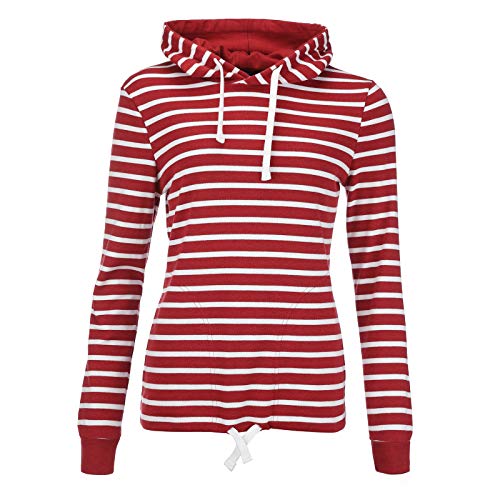modAS Damen Kapuzenshirt Langarmshirt gestreift - Kapuzenpullover Streifenshirt Ringelshirt mit Kapuze aus Baumwolle in Rot/Weiß Größe 40