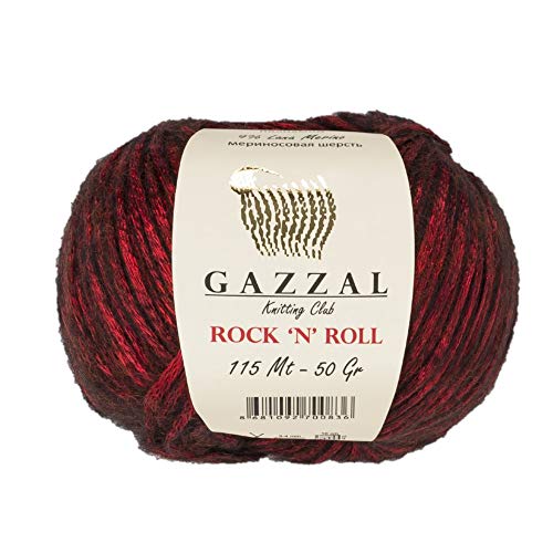 Gazzal Rock 'n' Roll Garn, insgesamt 22,5 ml, 5 Stück 21% Acryl, 70% Polyamid, 9% Lana Merino, je 50 g / 125 Jahre (115 m), 3 Light DK 5 Balls Red12833
