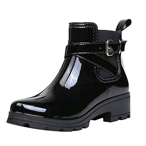 Yowablo Regenstiefel Damen Herbst/Winter Gummistiefel Mode Kurze Stiefel Regen Stiefel rutschfeste Schuhe Gummiband Wasser Schuhe (38 EU,1- Schwarz)