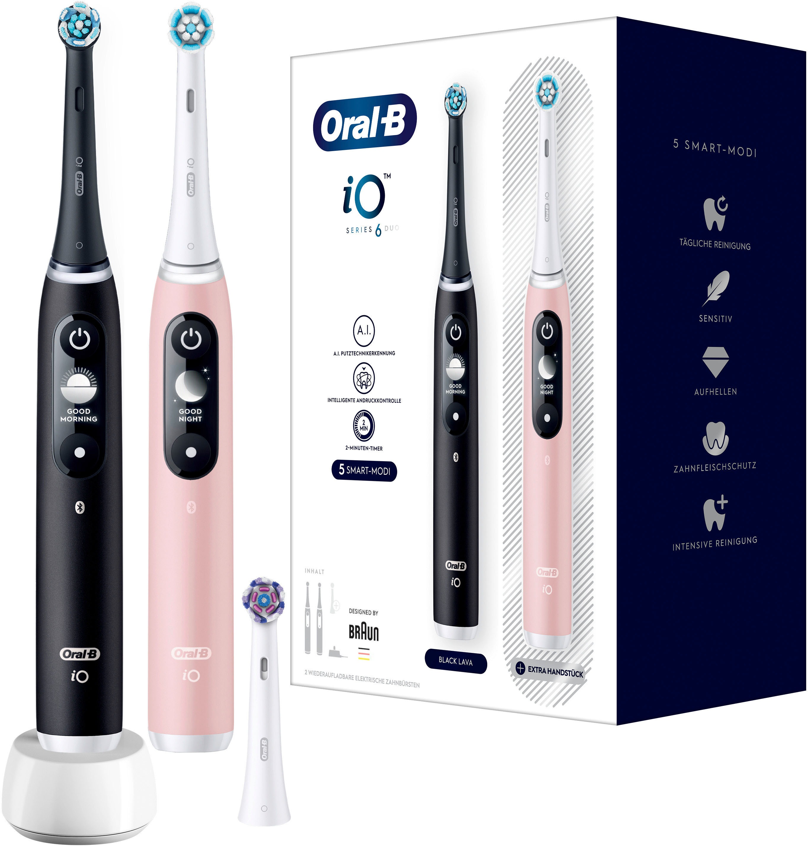 Oral-B iO Series 6 Elektrische Zahnbürste/Electric Toothbrush, Doppelpack & 3 Aufsteckbürsten, 5 Putzmodi für Zahnpflege, Magnet-Technologie, Display, Designed by Braun, black lava/pink sand