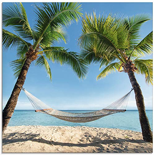 Artland Qualitätsbilder | Glasbilder Deko Glas Bilder 30 x 30 cm Karibik Palmen Strand Hängematte Landschaft B6VD