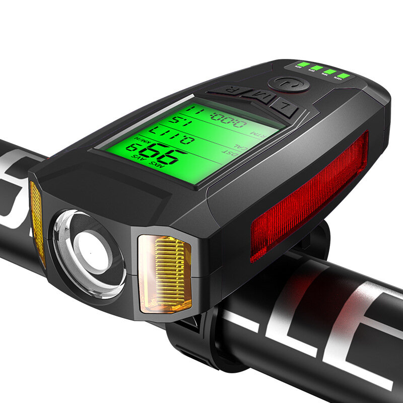 Schwarz BIKIGHT 3-in-1 350LM COB Fahrradlicht + USB Hupenlampe + Geschwindigkeitsmesser LCD Bildschirm 5-Modi Wasserdich