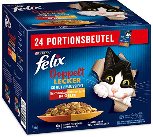 FELIX So gut wie es aussieht Doppelt Lecker Katzenfutter nass in Gelee, Sorten-Mix, 4er Pack (4 x 24 Beutel à 85g)