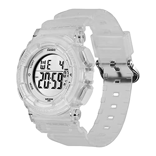 FEMBW Sport Digital Armbanduhr mit 7-Farben-Hintergrundbeleuchtung Alarm und Stoppuhr, Harzarmband(Transparent)