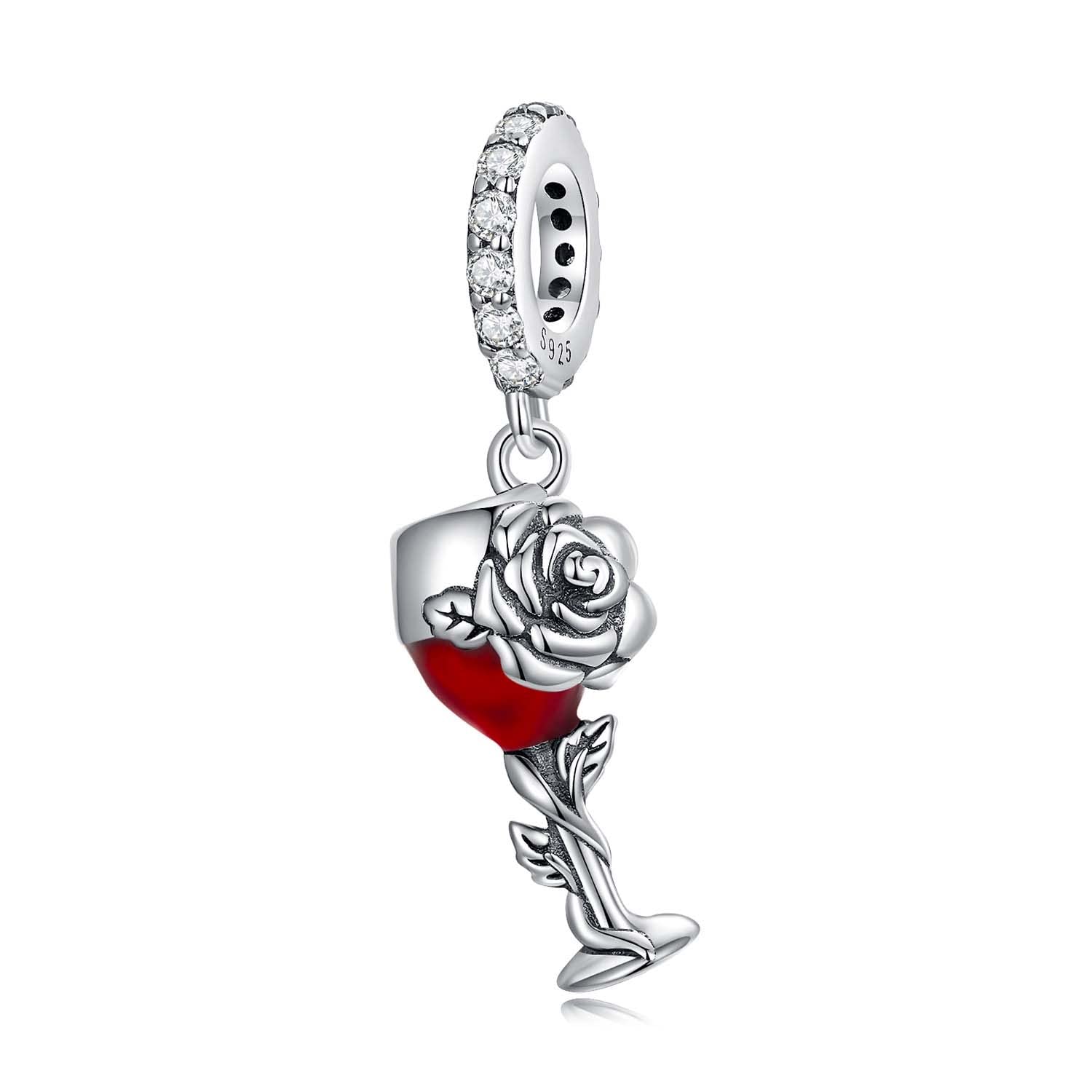 DYXIA 925 Silber Rose Weinglas Anhänger Charm passend für Pandora, Biagi, Troll, Chamilia Charm Armbänder und Halsketten Mädchen Schmuck SCC2355