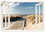 ARTland Wandbild selbstklebend Vinylfolie 70x50 cm Fensterblick Fenster Strand Meer Maritim Düne Leuchtturm Nordsee Langeoog T5RQ