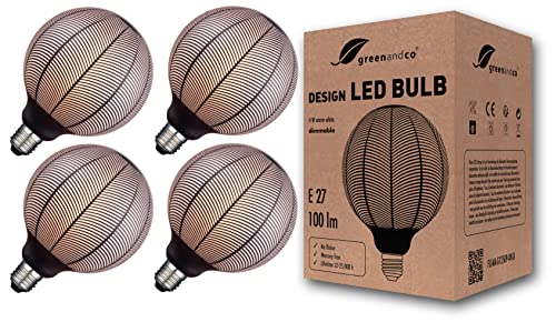4x greenandco® Vintage Design LED Lampe schwarz gemustert (Blattmotiv) dimmbar E27 G125 4W 100lm 1800K extra warmweiß zur Stimmungsbeleuchtung flimmerfrei 300° 230V, 2 Jahre Garantie