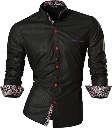 jeansian Herren Freizeit Hemden Slim Long Sleeves Casual Shirts Dress Shirts Tops Z027_Black_M