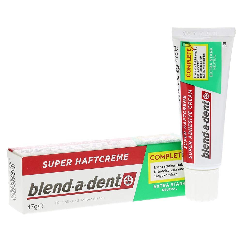 Blend-a-dent Super Haftcreme extra strak Spar-Set 4x47g. Bietet Krümelschutz und Tragecomfort. Neutraler Geschmack. Für Voll- und Teilprothesen.