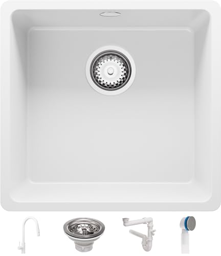 Spülbecken Weiß 46x44 cm, Granitspüle 1 Becken + Ablauf-Set + Küchenarmatur, Küchenspüle ab 50er Unterschrank, Einbauspüle von Primagran