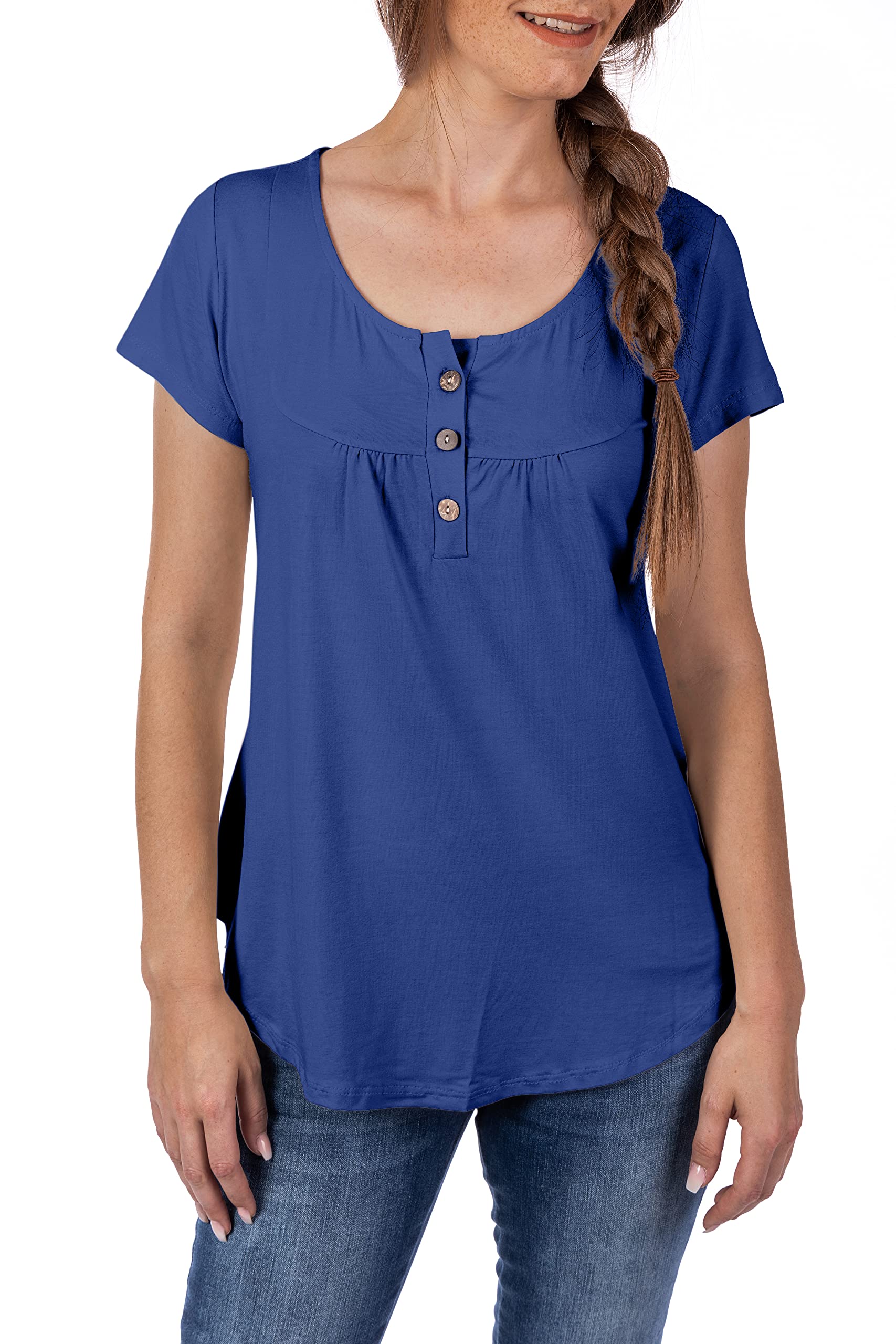 U&F Damen Basic Shirt | Umspieltes Dekollete in Rundhals mit Knöpfen | perfekte Passform, auch für Problemzonen | modischer eleganter Look | Blau Größe: XXL
