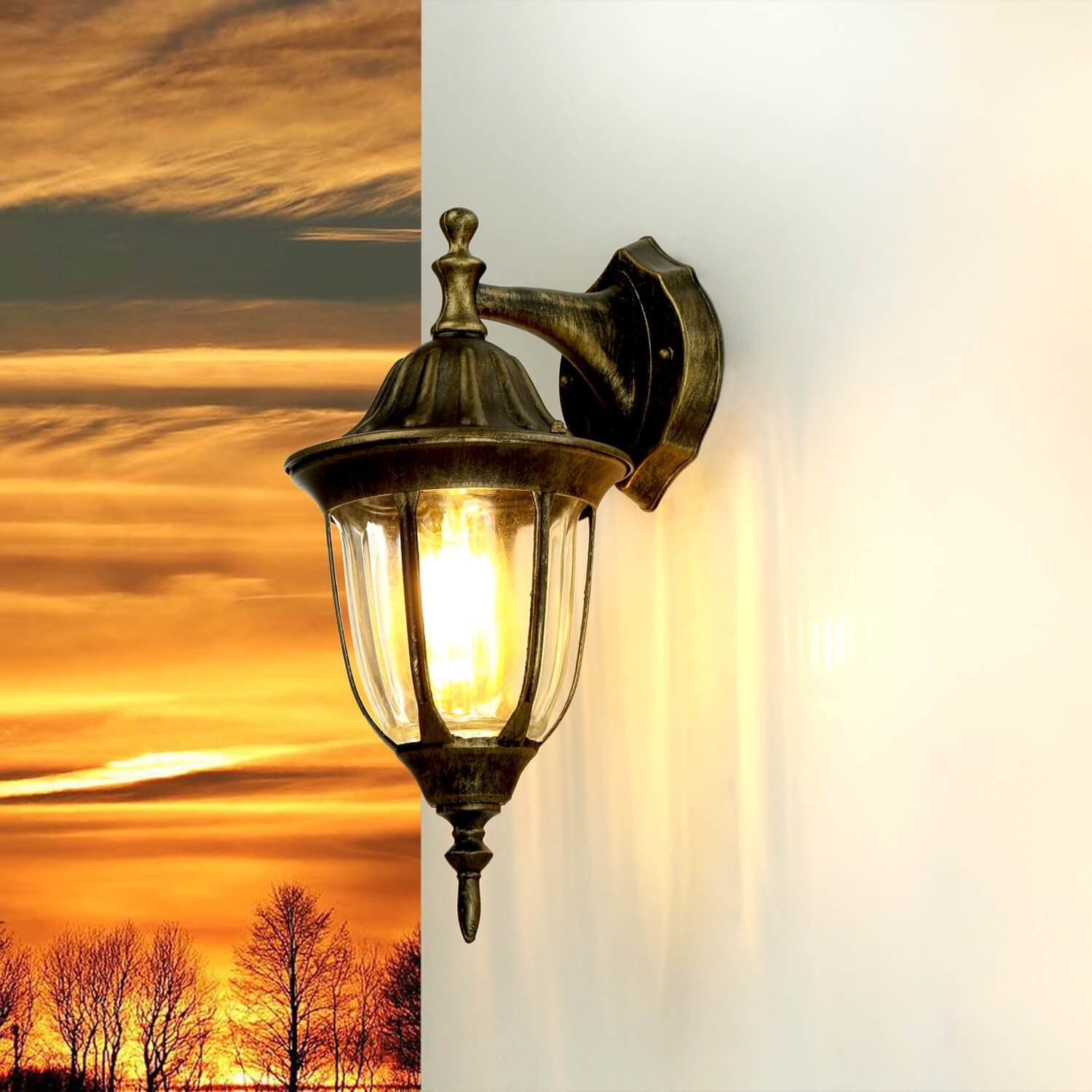 Licht-Erlebnisse Außenwandleuchte Aluminium Glas in Gold Antik IP44 Garten Terrasse H:35 cm E27 Laterne hängend Rustikale Außenlampe Wand Hof MILANO