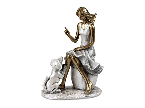 Moderne Skulptur Deko Figur Dame mit Hund auf Sockel Silber/Gold handbemalt 13x18 cm