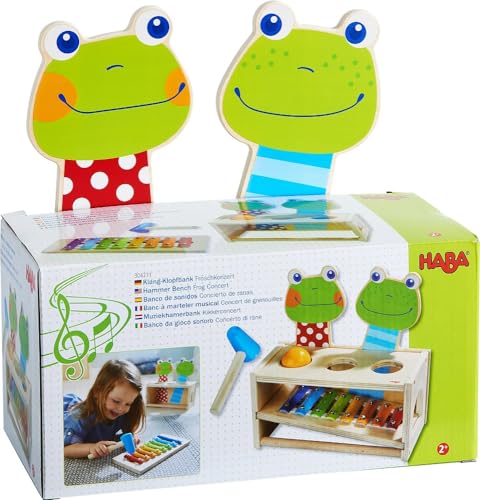 HABA 304271 - Klang-Klopfbank Froschkonzert, Klopfbank und Metallophon mit Kugel und Schlägel, Spielzeug ab 2 Jahren