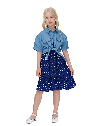 Verve Jelly Kleinkind Baby Mädchen Kurzarm Denim Button Tops + Polka Dot Print Rüschenkleid Sommer Strandkleider Kleidung Outfit