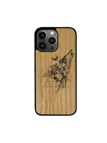 Enowood Schutzhülle aus Holz für iPhone 11 Pro, handgefertigt – Wolf mit Gravur – Esche