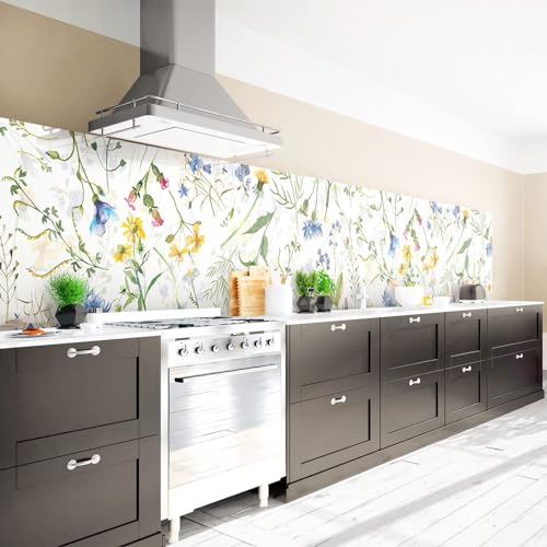 Arcondo Küchenrückwand Spritzschutz Selbstklebend mit Motiv Zarte Gräser und Blüten Folie Eco Glanz 150 x 100 cm