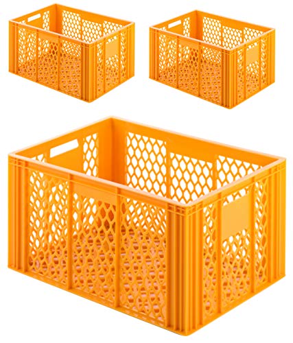 VE (3 Stk.) Gastronomie Stapelkiste Euro-Maß, 600x400x350 mm (LxBxH), Wände und Boden offen, mit Grifföffnungen, lebensmittelecht aus HD-PE (gelb-orange)