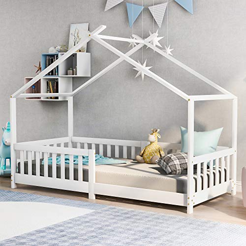 Kinderbett Hausbett 90x200 cm Rausfallschutz Bett, Holzbett für Kids, Mit Rausfallschutz und Lattenrost, für Kinder (Weiß)