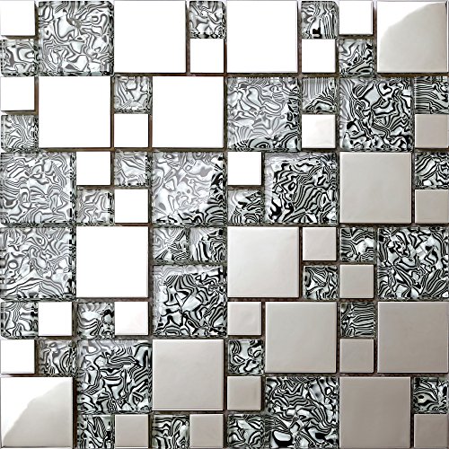 1qm Glas mit folien effekt und Edelstahl Mosaik Fliesen Matte in Schwarz und Silber (MT0132 m2)