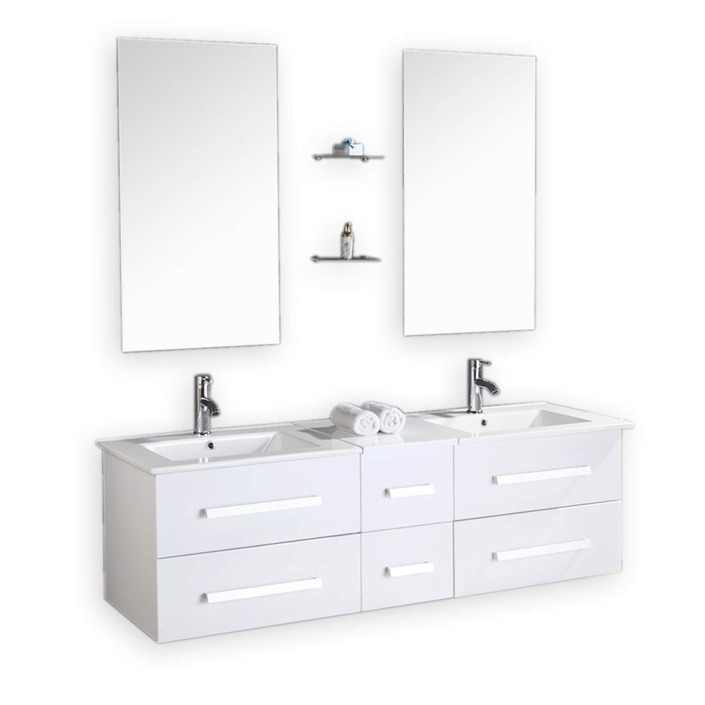 Badmöbel Badezimmermöbel Modell White Rome 150 cm Badezimmer Waschbecken Waschtisch Schrank Spiegel Set