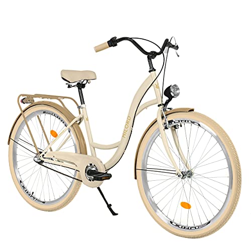 Milord. 28 Zoll 3-Gang Creme Braun Komfort Fahrrad mit Gepäckträger Hollandrad Damenfahrrad Citybike Cityrad Retro Vintage