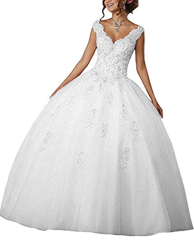 Carnivalprom Damen V-Ausschnitt Quinceanera Kleider Mit Spitze Abendkleider Lang Hochzeitskleider Elegant Ballkleid (48, Weiß)