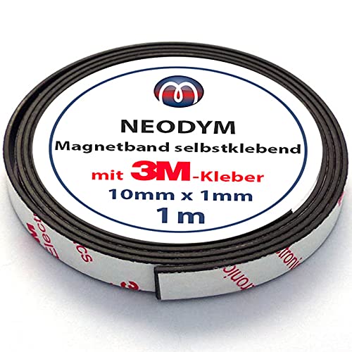 Neodym Magnetband Magnetstreifen selbstklebend - 1mm x 10mm x 1m - mit 3M-Kleber - Magnetklebeband mit sehr starke Haftkraft - diese Power-Neodymband besitzt eine Haftkraft von 350 g/cm²