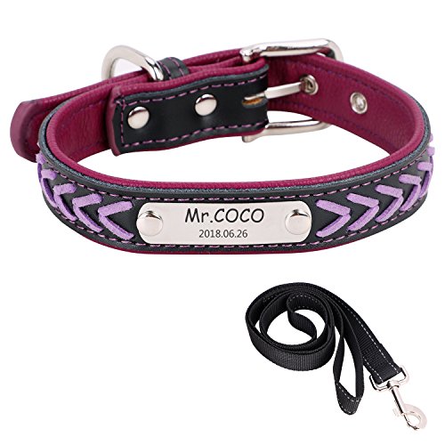 ITODA Personalisierter Halsband Set mit Hundeleine Größe Edelstahl Name Marke mit Wunschgravur Outdoor Leder Halsband für Haustiere zu Spazieren Training Reisen Violett M