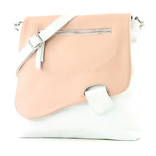 modamoda de - T146 - ital Messengertasche Umhängetasche aus Leder, Farbe:Weiß/Rosa