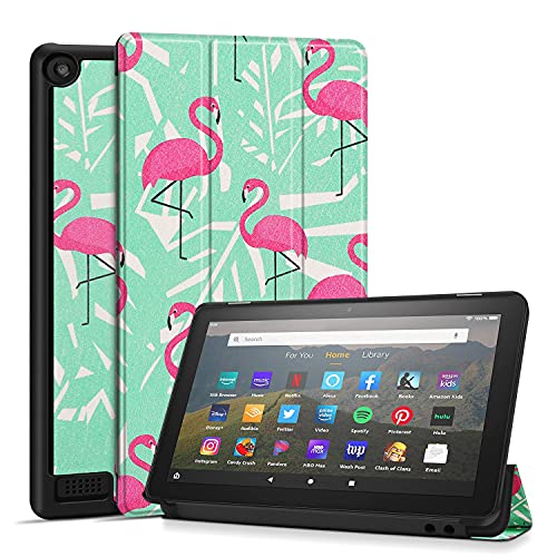 TNP Schutzhülle für Amazon Kindle Fire 7 Tablet der 9. & 7. Generation, Smart Slim PU Leder Schutzhülle mit Auto Sleep/Wake, Flip Stand f/ 7 Zoll Display 2019 2017 Release Gen (Pink Flamingo)