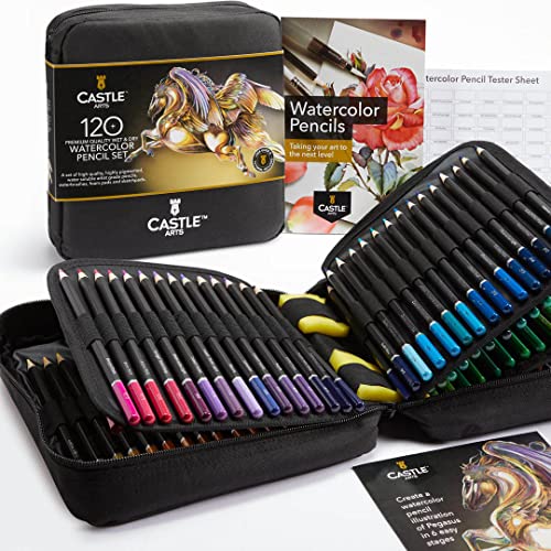 Castle Art Supplies 120 Aquarellstifte-Set mit Extras | Leuchtende Pigmente | Zeichnen und Malen zugleich | Für fortgeschrittene Hobbykünstler, professionelle Künstler | Im Reiseetui zum Mitnehmen