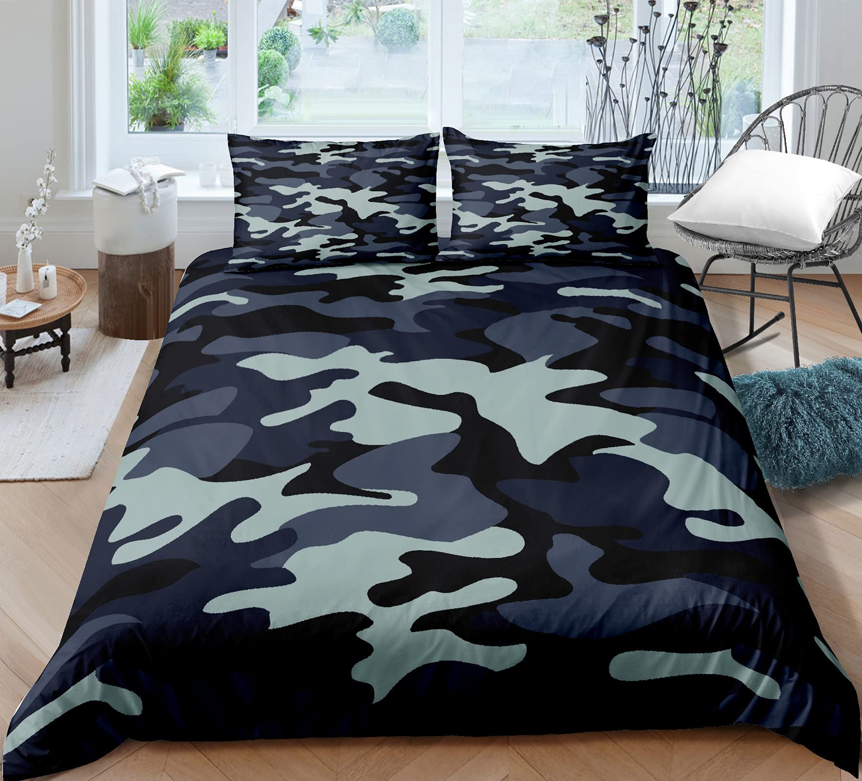 Camouflage Bettwäsche Set 1/2 Person Kinder Erwachsene Bettbezug mit Reißverschluss Abstrakte Art Quilt Set Schlafzimmer Komfortable Polyester Mikrofaser Bettwäsche (Marine, 200_x_200_cm)