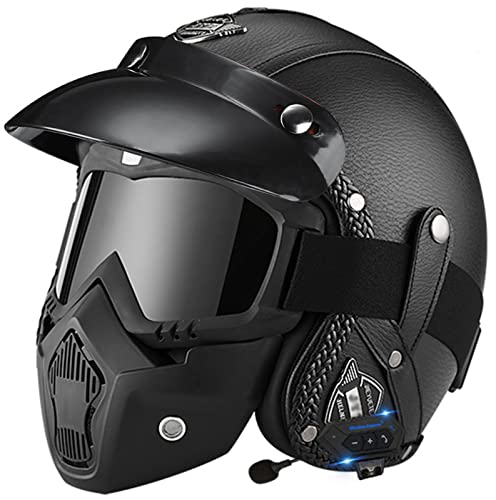 BAUTI Retro-Bluetooth-Helm Mit Offenem Gesicht Personalisierte Maske Jet-motorradhelm Vintage ECE-zertifizierter 3/4-helm Mit Halber Abdeckung Für Männer Frauen Erwachsene Stereo 10,XL=(60-61CM)