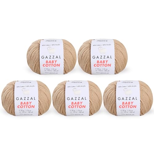 5 Knäuel (Packung) insgesamt 250 g Gazzal Baby Cotton je 50 g / 165 m weiches, feines Babygarn, 60 % Baumwolle (Beige – 3424)