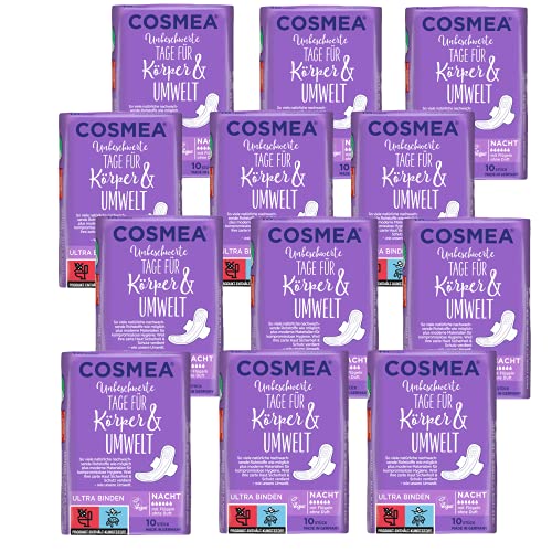 Cosmea Ultra Binden Vorteilspack, Hygiene-Einlagen aus nachwachsenden Rohstoffen. Damen-Hygiene im Einklang mit der Natur (Nacht (12x10 Stück))