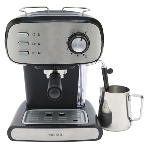 Progress EK4369PACTDIR Espressomaschine – Kaffeemaschine für Cappuccino/Latte, 15-Bar-Druckpumpe, Milchschaumstab, abnehmbare Auffangschale, 2 Tassen, 1,2-l-Tank, Edelstahlfilter, schwarz, EU-Stecker