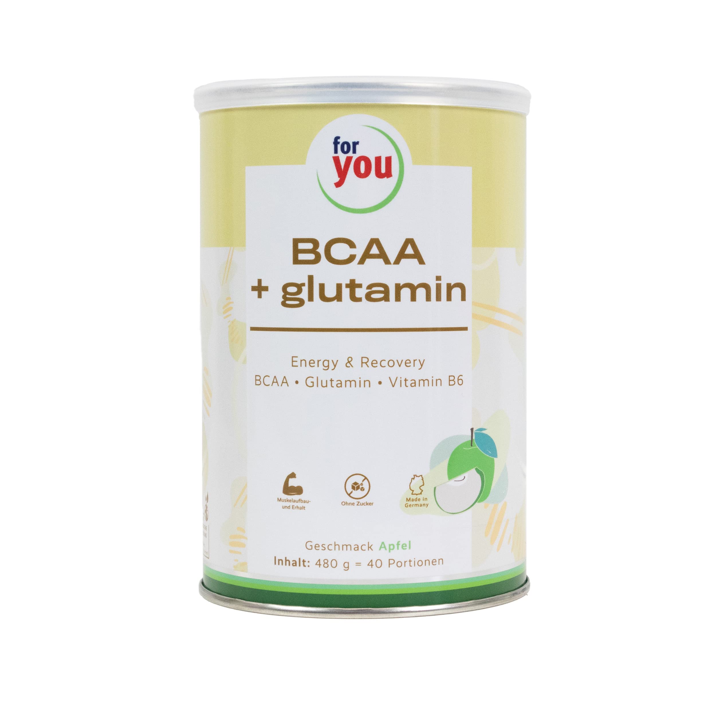 BCAA + Glutamin Energy & Recovery I 40 Portionen hochreine konzentrierte Mischung L-Leucin L-Isoleucin L-Valin L-Glutamin Vitamin B 6 I Sportnahrung BCAA Aminosäuren Pulver | Workout-Booster (Apfel)