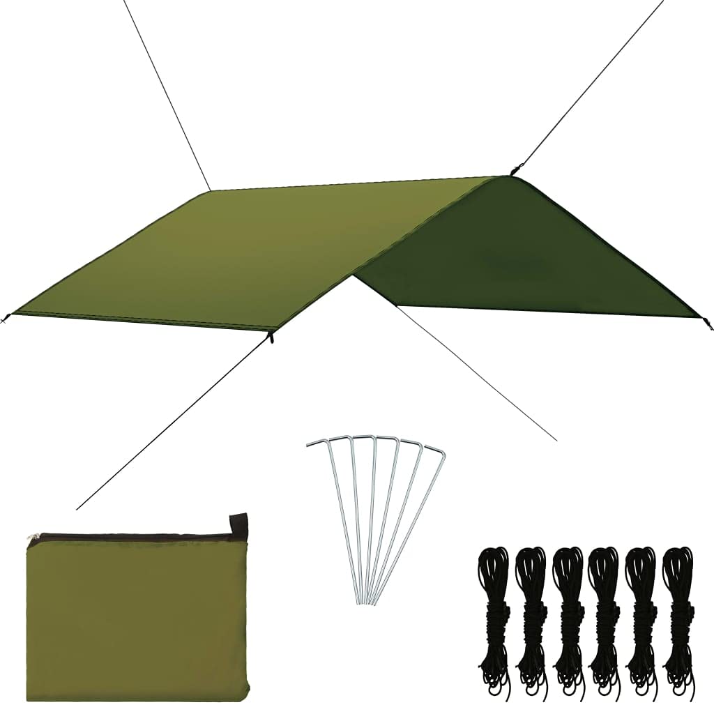 vidaXL Outdoor Tarp mit 6 Heringen 6 Seilen UV-beständig Regenplane Sonnensegel Hängematte Zeltplane Camping Zelt Plane 4x4 m Grün