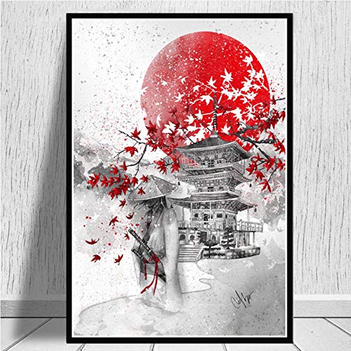 JWJQTLD Leinwanddruck，Poster Druckt Japanische Bushido Samurai Kanji Leinwand Kunst Ölgemälde Wandbilder Wohnzimmer Geeignet Für Alle Wanddekoration, 40X50Cm Ohne Rahmen