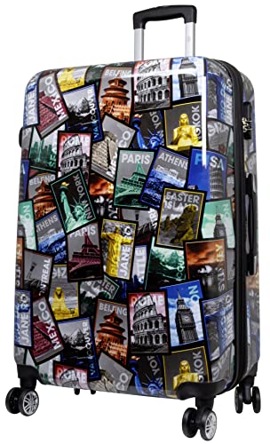 Trendyshop365 großer Reisekoffer Hartschale 77 cm - bunt Motiv Weltreise Rio Athen Paris