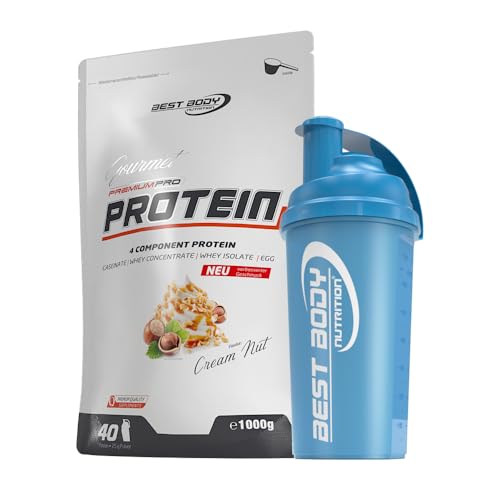 1kg Best Body Nutrition Gourmet 4 Komponenten Protein Eiweißshake - Set inkl. Protein Shaker / Gratiszugabe (Cream Nut, Best Body Shaker - Blau)
