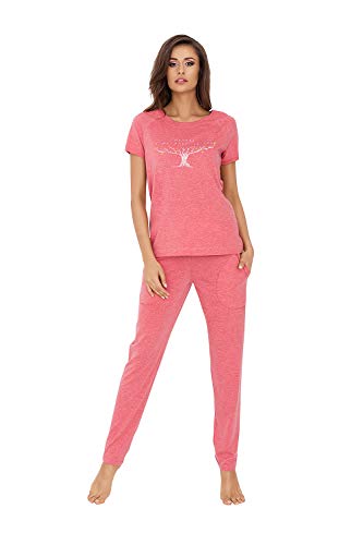 Damen Schlafanzug lang Pyjama Set | Nachtwäsche Hausanzug Langearm Rund Ausschnitt Zweiteiliger Sleepwear M007 (S, Himbeere)