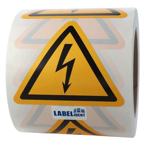 Labelident Warnaufkleber W012 - Warnung gefährliche elektrische Spannung - Seitenlänge: 100 mm - 1000 selbstklebende Warnzeichen auf 1 Rolle(n), 3 Zoll, Polyethylen selbstklebend